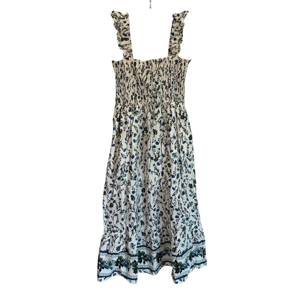 Laura Ashley Women White‎ Blue Floral Smocked Midi Dress Ruffle Straps Large NWT